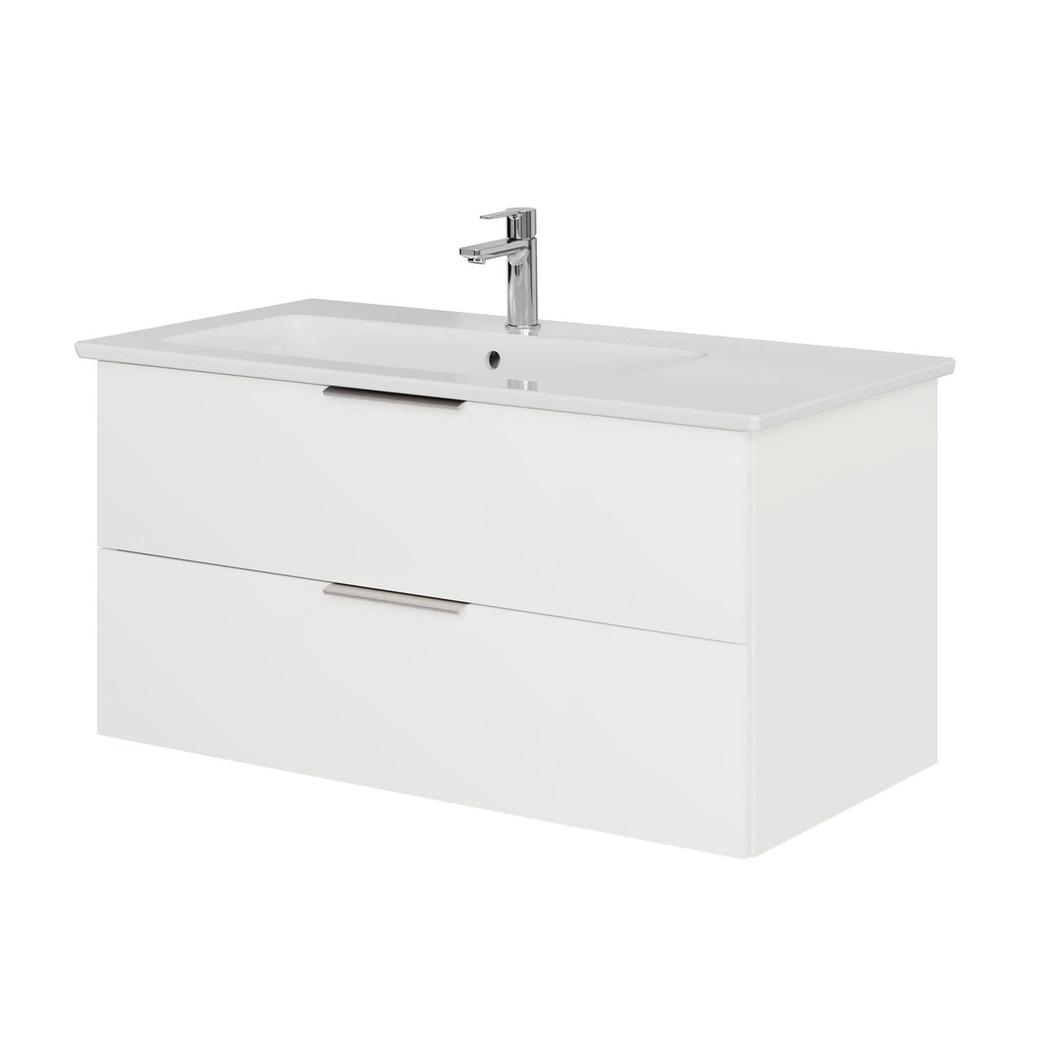 Steinkamp WTU Living 2.0 Schneeweiß Glanz mit Villeroy & Boch Waschtisch Venticello 100 cm mit CeramicPlus mit Überlauf Becken links von Steinkamp