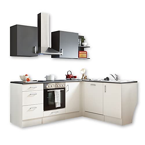 CORNER 220 Moderne Eckküche ohne Elektrogeräte in Weiß, Anthrazit - Geräumige Küchenzeile L-Form mit viel Stauraum - 220 x 211 x 175 cm (B/H/T) von Stella Trading