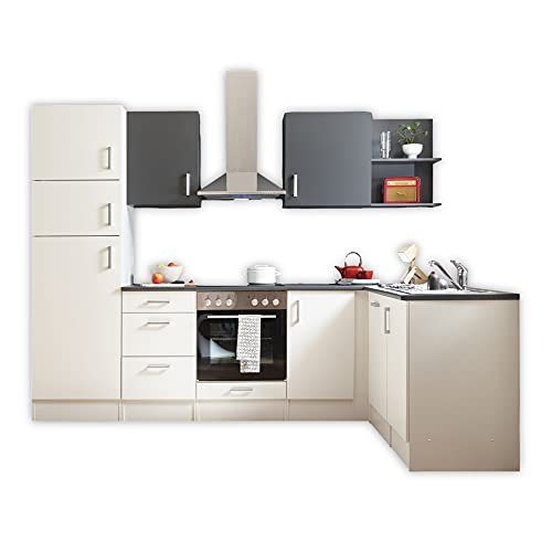 CORNER 280 Moderne Eckküche ohne Elektrogeräte in Weiß, Anthrazit - Geräumige Küchenzeile L-Form mit viel Stauraum - 280 x 211 x 175 cm (B/H/T) von Stella Trading