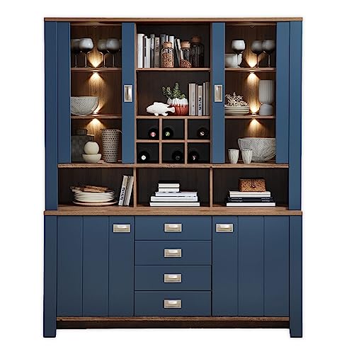 DIJON Buffetschrank in Parisian Blue, Haveleiche Cognac Optik - Vitrinenschrank mit LED-Beleuchtung und viel Stauraum - 163 x 201 x 45 cm (B/H/T) von Stella Trading