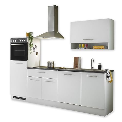 EDDY Moderne Küchenzeile ohne Elektrogeräte in Weiß matt, Metallic Grau - Geräumige Einbauküche mit viel Stauraum - 260 x 220 x 60 cm (B/H/T) von Stella Trading
