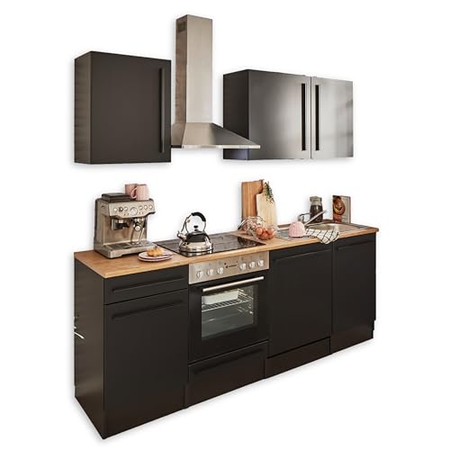 JAZZ 8 Moderne Küchenzeile ohne Elektrogeräte in Schwarz matt, Lanzelot Eiche Optik - Geräumige Einbauküche mit viel Stauraum - 220 x 211 x 60 cm (B/H/T) von Stella Trading