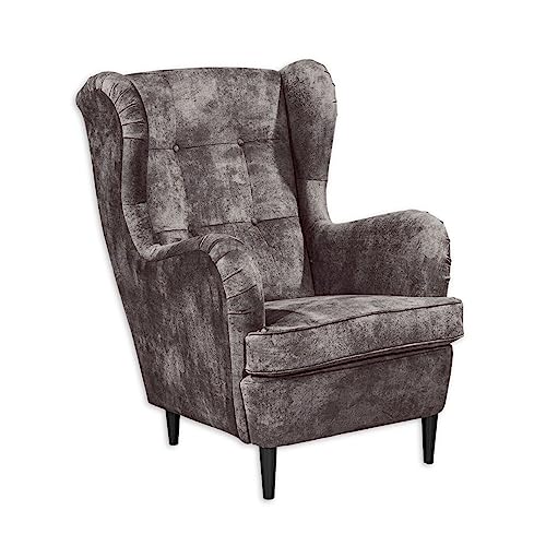 OSKAR Ohrensessel mit geknöpfter Polsterung, Stone - Vintage Wohnzimmer Sessel mit Massivholz Füßen - 78 x 102 x 98 cm (B/H/T) von Stella Trading