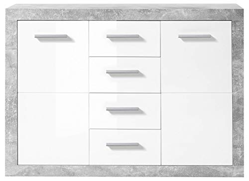 STONE Kommode mit Schubladen in Beton Optik, Weiß Hochglanz - Moderne Kommode mit viel Stauraum für Ihren Wohnbereich - 117 x 88 x 37 cm (B/H/T) von Stella Trading