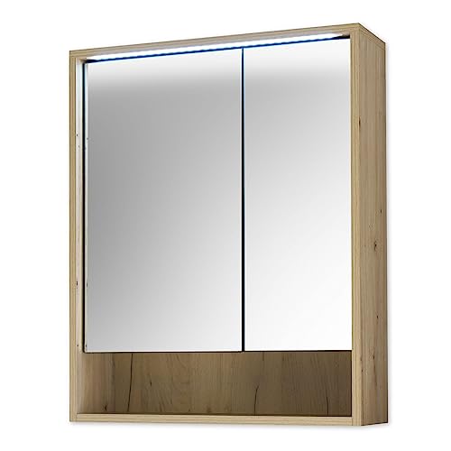 VOLANO Spiegelschrank Bad mit LED-Beleuchtung in Artisan Eiche Optik - Badezimmerspiegel Schrank mit viel Stauraum - 60 x 75 x 20 cm (B/H/T) von Stella Trading