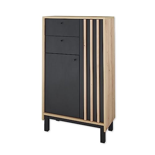 VOLANO Badezimmer Kommode in Artisan Eiche Optik, Schwarz - Badezimmerschrank Bad Schrank mit viel Stauraum - 60 x 106 x 32 cm (B/H/T) von Stella Trading