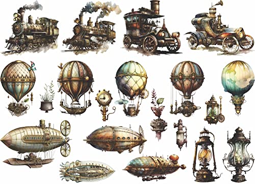 Steampunk-Transport-Reispapier, 29,21 x 40,64 cm – 20 einzigartige Steampunk-Bilder, gedruckt auf 36 g/m² Maulbeerpapier, sichtbare Fasern für Decoupage-Möbel, Renovierungshandwerk. von Stencil Company