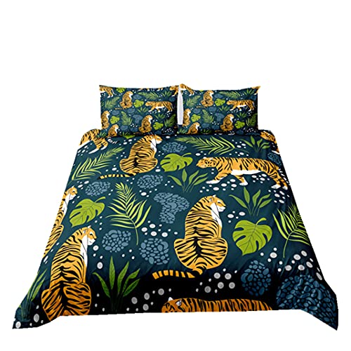 3D Tier Grünes Blatt Dschungel Wildtiere Tiger Bedruckte Mikrofaser Kinder Erwachsene Bettwäsche Set mit Kissenbezügen Herbst Winter Reißverschluss Bettbezug Polyester Quilt (Farbe 1, 135 x 200 cm) von Sticker Superb