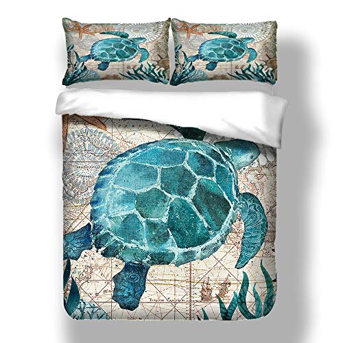 3D Tier Blau Schildkröte Karte Bettwäsche Set mit Reißverschluss, Luxus 2/3 Stück Kinder Mann Frau Wal Tintenfisch Polyester Bettbezug Set Winter Sommer (Schildkröte, 135x200cm) von Sticker superb