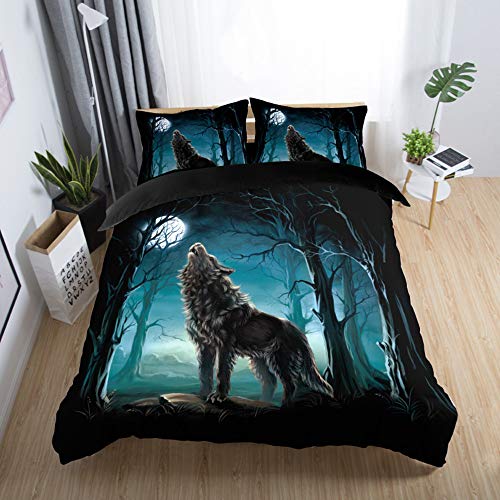 Sticker superb 135x200cm 2 Teilig 3D Tier Wald Wolf Blaues Grau Bettwäsche Set mit Reißverschluss, Cat Mond Winter Herbst Bettbezug Set Mann 1 Person (Wolf) von Sticker superb