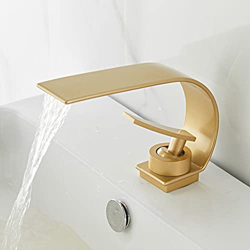 Sticque Wasserfall Wasserhahn Bad Waschtischarmatur Waschbecken Armatur Moderner Stil Messing Einhebelmischer Mischbatterie Mit Kaltes Und Heißes Wasser Vorhanden, Gold von Sticque