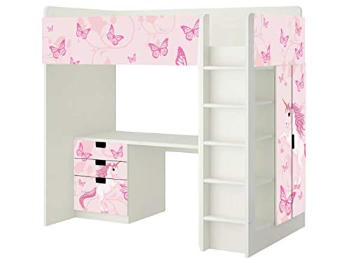 Einhorn Aufkleber - SH14 - passend für die Kinderzimmer Hochbett-Kombination STUVA von IKEA - Bestehend aus Hochbett, Kommode (3 Fächer), Kleiderschrank und Schreibtisch - Möbel Nicht Inklusive von Stikkipix