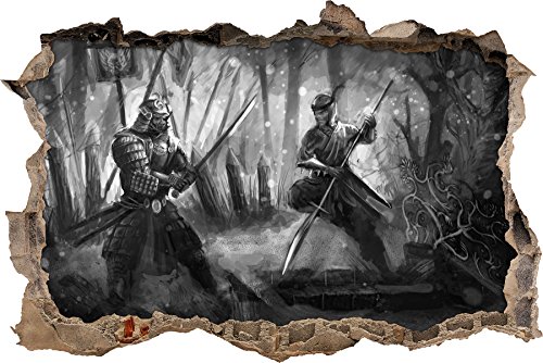 Kampf zwischen Samurai und Ninja Kunst B&W Wanddurchbruch im 3D-Look, Wand- oder Türaufkleber Format: 92x62cm, Wandsticker, Wandtattoo, Wanddekoration von Stil.Zeit