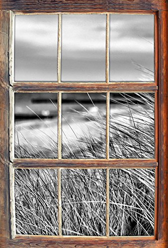 Monocrome, Sanddünen mit Schilfgras am Meer Fenster im 3D-Look, Wand- oder Türaufkleber Format: 92x62cm, Wandsticker, Wandtattoo, Wanddekoration von Stil.Zeit