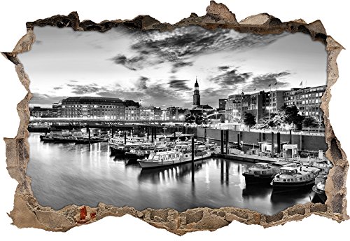 Stil.Zeit Monocrome, Hamburger Hafen am Abend Wanddurchbruch im 3D-Look, Wand- oder Türaufkleber Format: 92x62cm, Wandsticker, Wandtattoo, Wanddekoration von Stil.Zeit