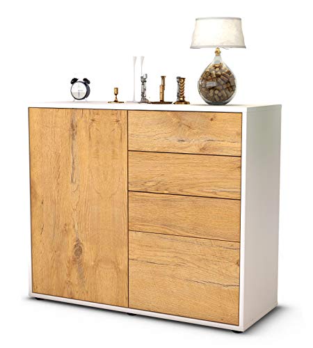 Stil.Zeit Sideboard Celestina, Korpus Weiss matt, Front Holz-Design Eiche (92x79x35cm) Push-to-Open Technik & Leichtlaufschienen von Stil.Zeit