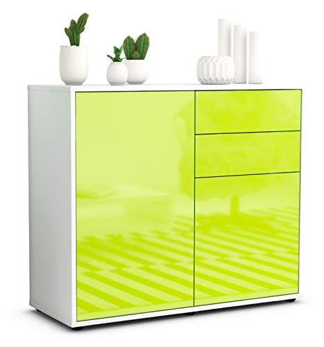 Stil.Zeit Sideboard Chantal, Korpus Weiss matt, Front Hochglanz Limettengrün (92x79x35cm) Push-to-Open Technik & Leichtlaufschienen von Stil.Zeit