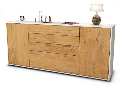 Stil.Zeit Sideboard Eleni, Korpus Weiss matt, Front Holz-Design Eiche (180x79x35cm) Push-to-Open Technik & Leichtlaufschienen von Stil.Zeit