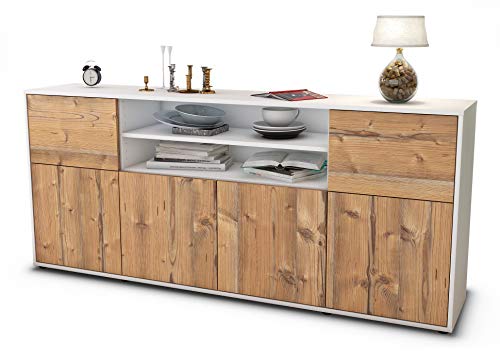 Stil.Zeit Sideboard Emilia, Korpus Weiss matt, Front Holz-Design Pinie (180x79x35cm) Push-to-Open Technik von Stil.Zeit