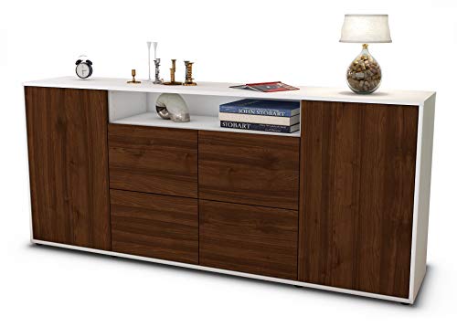 Stil.Zeit Sideboard Ephenia, Korpus Weiss matt, Front Holz-Design Walnuss (180x79x35cm) Push-to-Open Technik von Stil.Zeit