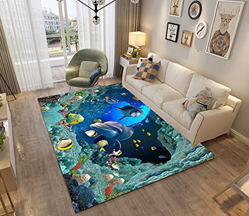 3D Ozean Tier Teppich Kinder Junge Erwachsene Schlafzimmer Dekoration,Meeresschildkröte Tintenfisch Delfin Motiv Modern rutschfest Flanell Kinderteppiche (Farbe 4, 100×100 cm) von Stillshine.