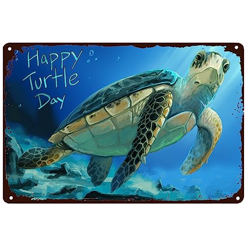 Blechschild mit Aufschrift "Happy Turtle Day", Meeresschildkröte, Sommer, Wanddekoration, Ozean-Poster, lustige Neuheit, Metall, Retro-Dekor für Strand, Zuhause, Badezimmer, Büro, Geschäft, Pubs, von Strunt