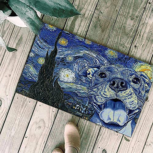 Fußmatte für den Innenbereich, niedlicher Pitbull-Hund, Sternennacht, Aquarell-Kunst-Fußmatte, Flanell-Bodenmatte mit rutschfester Fußmatte, Einweihungsdekoration, Geschenk für Hundeliebhaber, von Strunt