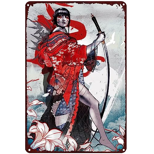 Japanische Samurai Frau Vintage Metallschild Japanischer Stil Poster Rustikale Blechschilder für Tafel Cafe Bar Home Wanddekoration Man Cave 20 x 30 cm von Strunt