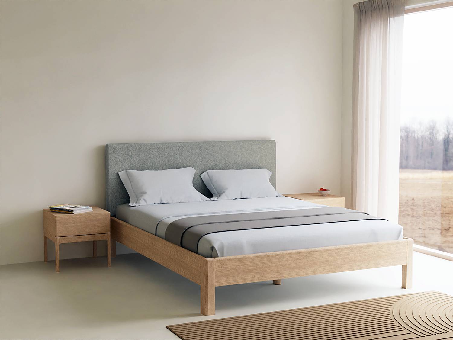 home24 Massivholzbett mit Polsterkopfteil 160 x 200cm Kopfteil: Webstoff Gestell & Füße: Massivholz Eiche, geölt Beige Eiche home24 Massivholzbett mit Polsterkopfteil 160 x 200cm Kopfteil: Webstoff Gestell & Füße: Massivholz Eiche, geölt Beige Eiche von home24