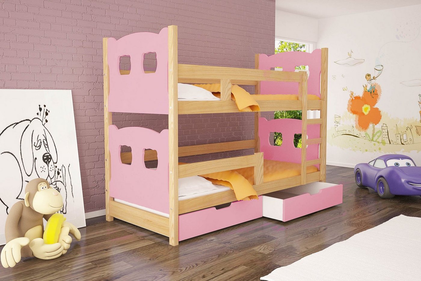 99rooms Kinderbett Mecky (Kinderbett, Bett), 75x180 cm, mit Bettkasten, Kiefer, mit Leiter und Rausfallschutz, Modern Design, für Kinder von 99rooms