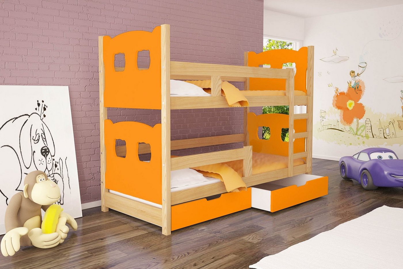 99rooms Kinderbett Mecky (Kinderbett, Bett), 75x180 cm, mit Bettkasten, Kiefer, mit Leiter und Rausfallschutz, Modern Design, für Kinder von 99rooms