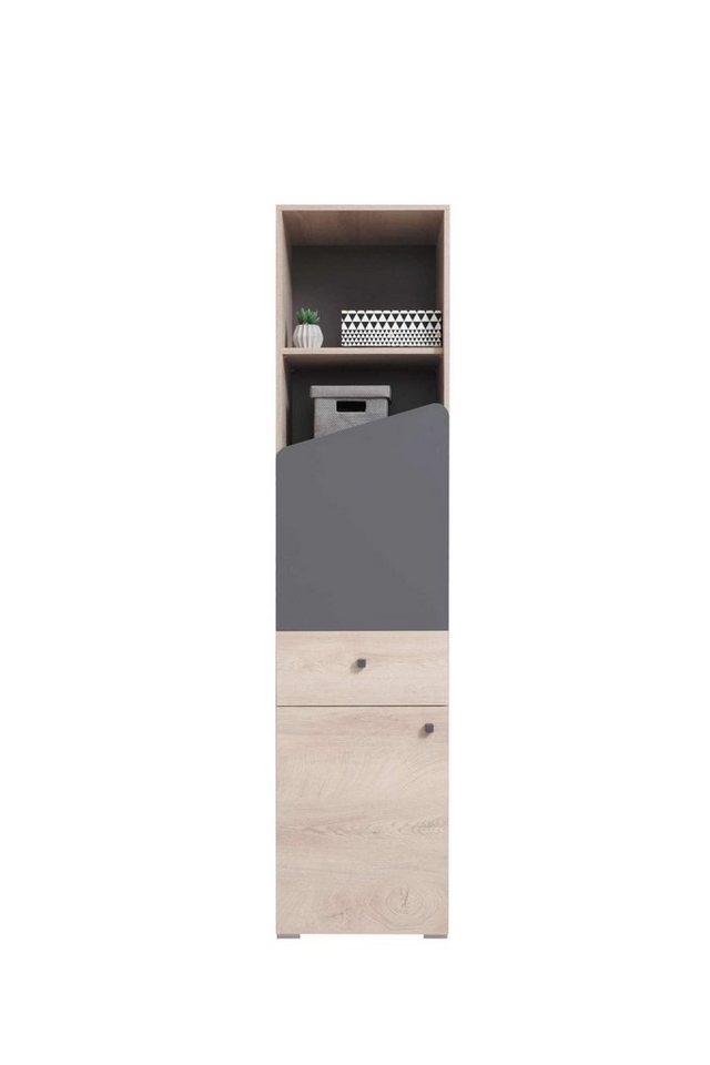 99rooms Kinderregal Japan Eiche Anthrazit, Sideboard, Kinderschrank, mit Schublade und 3 Fächern, 2-türig, Spanplatte, viel Stauraum, Modern Design von 99rooms