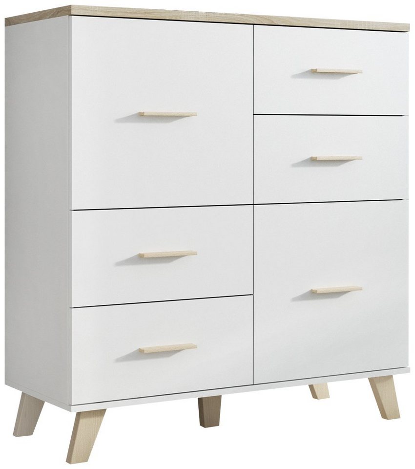 99rooms Kommode Latta 110 2D4S 119x110x45 Weiß Eiche (Sideboard, Standschrank), viel Stauraum, mit Schubladen, variabel stellbar, Modern Design von 99rooms