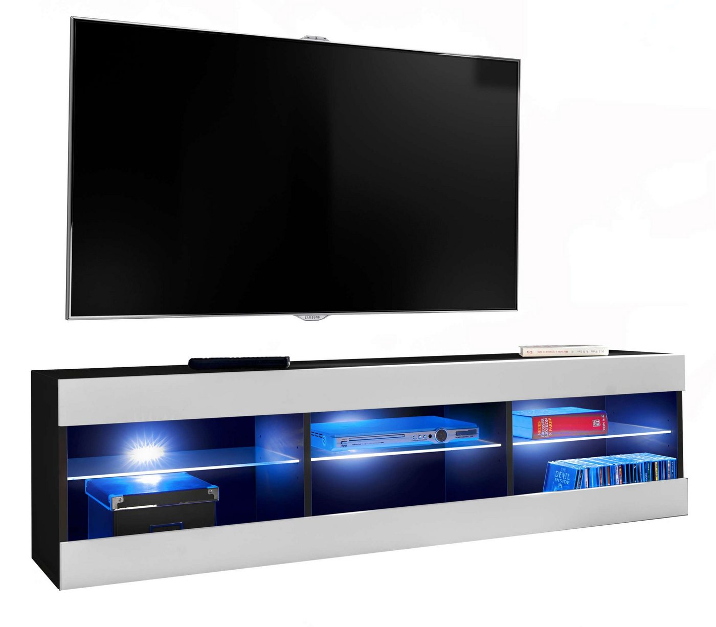 99rooms Lowboard Azara (TV-Kommode, TV-Schrank, Fernsehschrank), wahlweise mit LED-Beleuchtung, Hochglanzfront, Glaseinlegeböden, Modern Design, aus Holzwerkstoff, viel Stauraum, variabel stellbar von 99rooms