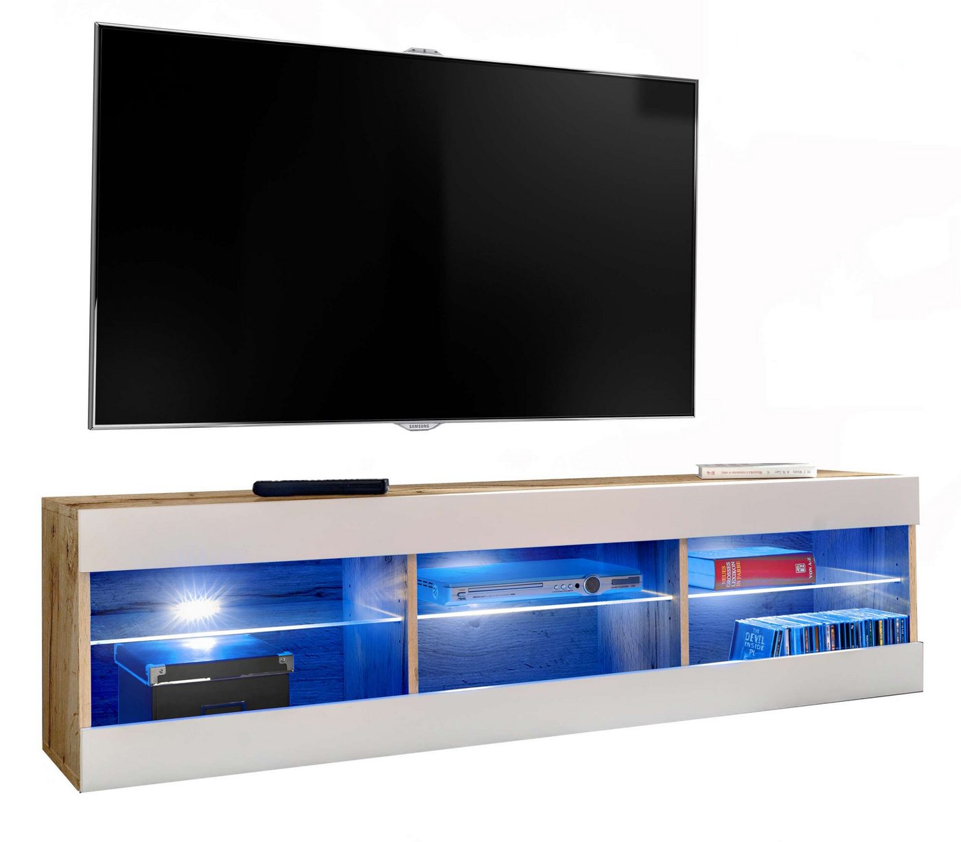 99rooms Lowboard Azara (TV-Kommode, TV-Schrank, Fernsehschrank), wahlweise mit LED-Beleuchtung, Hochglanzfront, Glaseinlegeböden, Modern Design, aus Holzwerkstoff, viel Stauraum, variabel stellbar von 99rooms