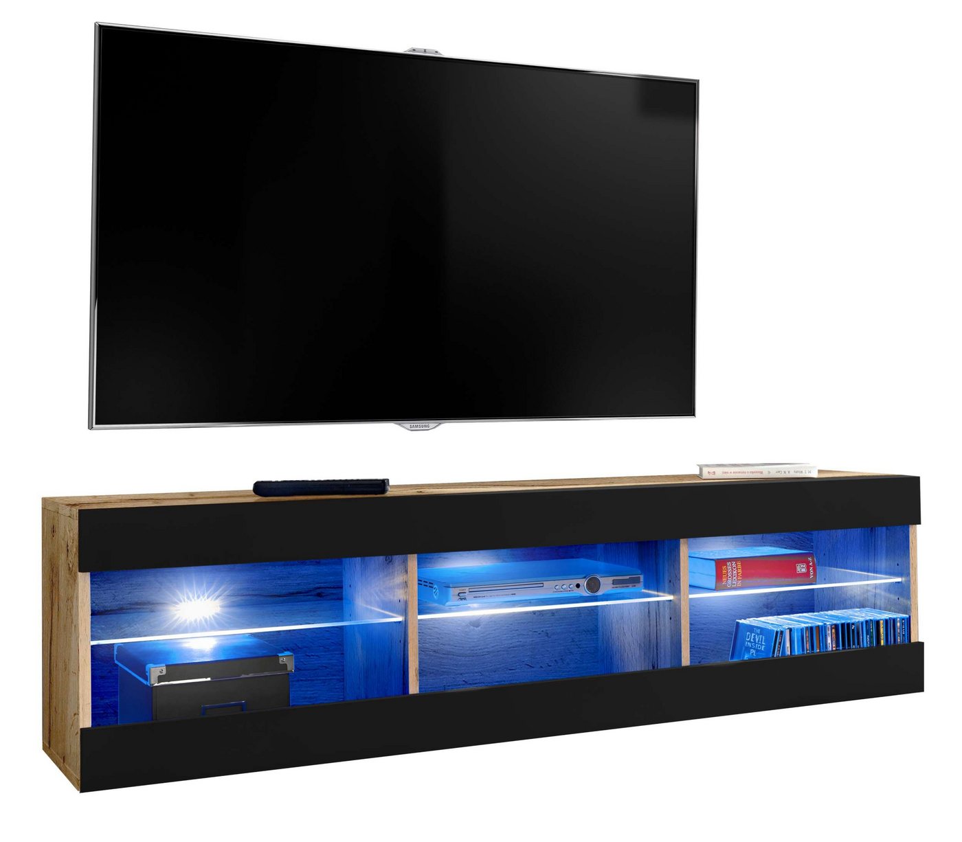 99rooms Lowboard Azara (TV-Kommode, TV-Schrank, Fernsehschrank), wahlweise mit LED-Beleuchtung, Hochglanzfront, Glaseinlegeböden, Modern Design, aus Holzwerkstoff, viel Stauraum, variabel stellbar von 99rooms