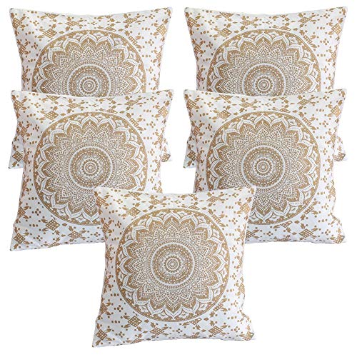 Stylo Culture Indian Kissen für Betten Gold Printed Floral Akzent Kissen Kissenbezüge Baumwolle Square Traditional Mandala Ombre 40x40 cm Kissenbezüge (Set von 5 Stück) von Stylo Culture