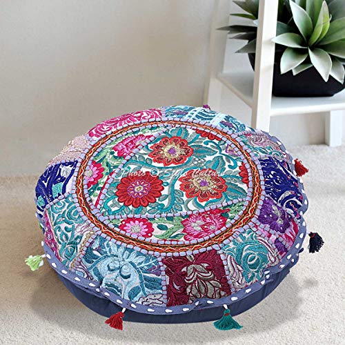 Stylo Culture Indisch Dekorativ Rund Bodenkissenbezug Boho 45x45 cm Klein Sitzpouf Kissen Vintage Grau Bohemien Patchwork Wohnzimmer Baumwolle Bestickt Rund Kissenbezug von Stylo Culture