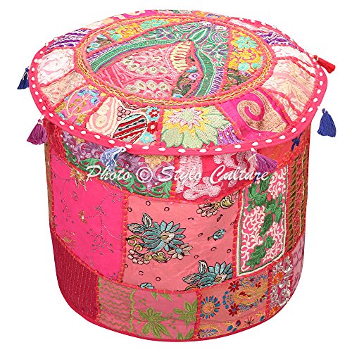 Stylo Culture Pouf Sitz Sitzsack Osmanischen Pouffe Cover Rosa Indischen Bestickt Patchwork Baumwolle Traditionellen Runden Stoff Pouf Ottoman Cover (16x16x13 Zoll) 40 cm von Stylo Culture