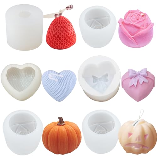 6PCS Kerzenformen zum Gießen Set, SunTaYon DIY Rosen Kürbis Erdbeere Herzförmig Liebe Geschenk Duftkerze Kerzenform Silikon, 3D Resin Silikonform Epoxidharz Deko für Kerzen Selber Machen Kinder von SunTaYon