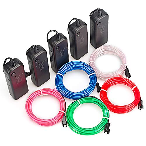 Sunboia 5 Stück 3M EL Wire Kit EL Kabel Neon Beleuchtung leuchtschnur Neon Beleuchtung Draht Lichtschlauch Leuchtschnur für Weihnachtsfeiern Rave Partys Halloween Kostüm Pub(Rot,Grün,Blau,Weiß,Rosa) von Sunboia