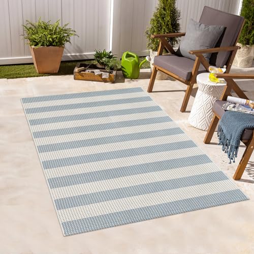 Sungea Outdoor-Teppich, 7,6 x 12,7 cm, waschbar, gestreift, für drinnen und draußen, weich, handgewebt, leicht, Haustür-Teppiche für Eingang, Heimdekoration, Bauernhaus (Blau und Creme) von Sungea