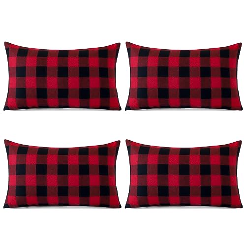 Sungeek 4er Set Weihnachten Kissenbezüge, Plaid Dekorativ Zierkissenbezüge Kissenbezug Deko Bezug Tartan Kissenhülle für Sofa Couch Schlafzimmer Wohnzimmer (30x50 cm, Rot + Schwarz) von Sungeek