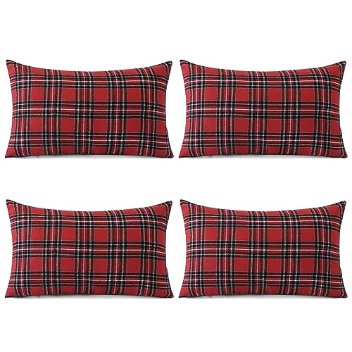 Sungeek 4er Set Weihnachten Kissenbezüge, Plaid Dekorativ Zierkissenbezüge Kissenbezug Deko Bezug Tartan Kissenhülle für Sofa Couch Schlafzimmer Wohnzimmer (30x50 cm, Rot + Schwarz B) von Sungeek