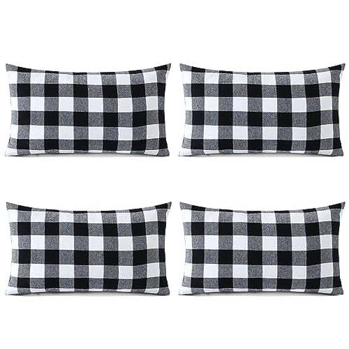 Sungeek 4er Set Weihnachten Kissenbezüge, Plaid Dekorativ Zierkissenbezüge Kissenbezug Deko Bezug Tartan Kissenhülle für Sofa Couch Schlafzimmer Wohnzimmer (30x50 cm, Schwarz + Weiß) von Sungeek