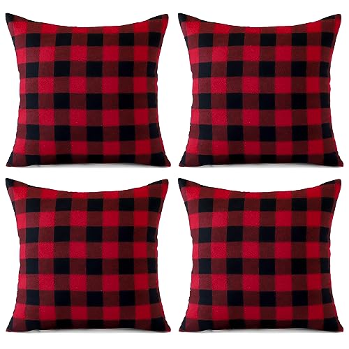 Sungeek 4er Set Weihnachten Kissenbezüge, Plaid Dekorativ Zierkissenbezüge Kissenbezug Deko Bezug Tartan Kissenhülle für Sofa Couch Schlafzimmer Wohnzimmer (45x45 cm, Rot + Schwarz) von Sungeek