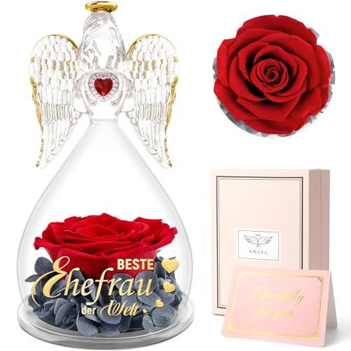 Sunia Geschenk für Ehefrau, Beste Ehefrau Geschenke,Engel Figur mit Spruch“Beste Ehefrau der Welt”, Ewige Rose in Engel Glaskuppel, Ewige Blume Geschenk, Hochzeitstag Geburtstag Geschenke für Ehefrau von Sunia