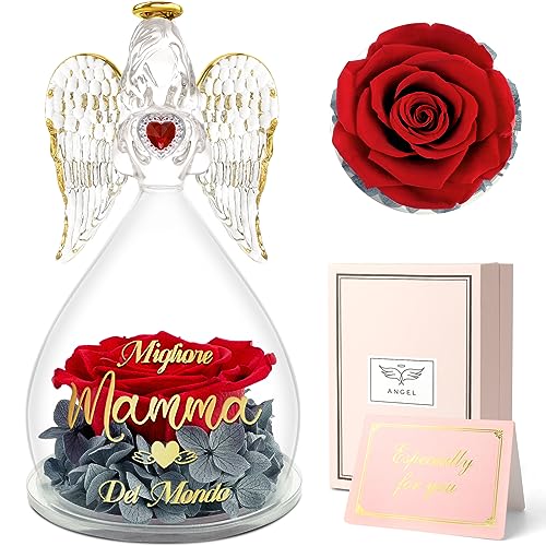 Sunia Geschenke für Mama, Beste Mama Geschenke, Engel Figur mit Spruch Beste Mama der Welt, Ewige Rose in Engel Glaskuppel, Ewige Blume Geschenk von Sunia