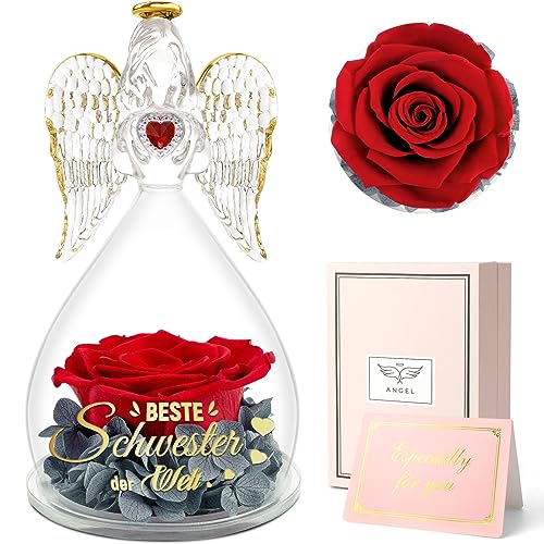 Sunia Schwester Geschenk, Beste Schwester Geschenke,Engel Figur mit Spruch Beste Schwester der Welt,Ewige Rose in Engel Glaskuppel, Ewige Blume Geschenk,Weihnachten,Geburtstagsgeschenk für Schwester von Sunia