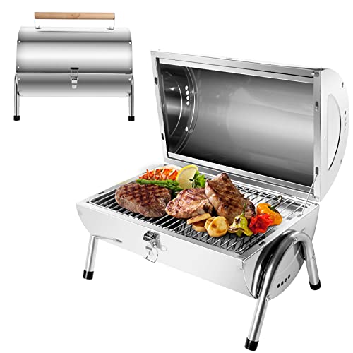 SunJas Edelstahl Klappgrill Holzkohlegrill, BBQ Grill Doppel Grillfläche 34x21.5 cm, Tischgrill Campinggrill für Outdoor Kochen, Camping und Picknick von SunJas